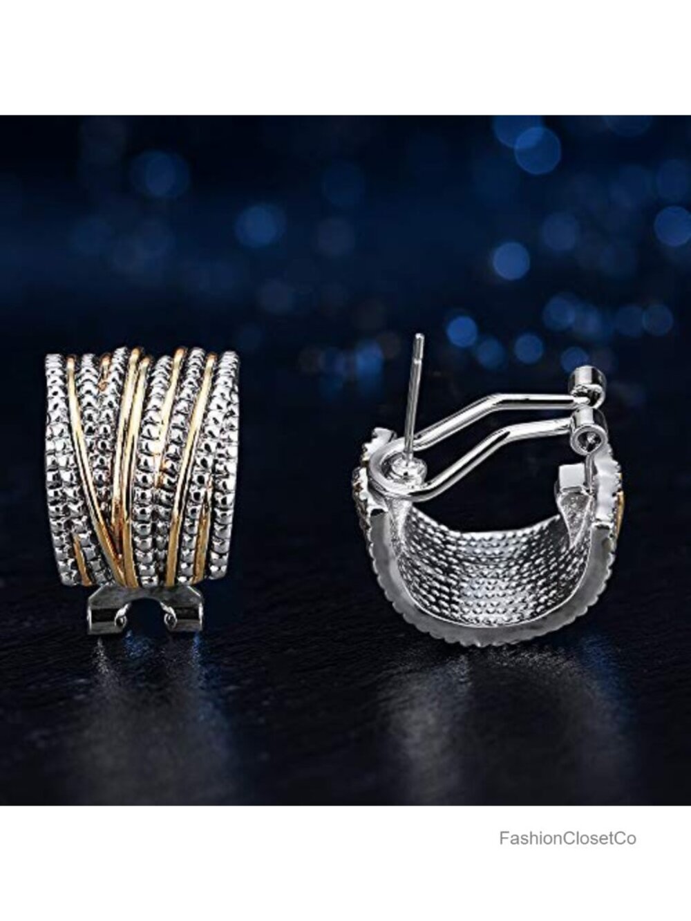 Two Tone Gold and Silver Plated Crossover Half Hoop Earrings - Picture 4 of 6